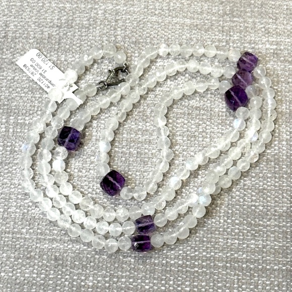 Bavna Natural Moonstone and Amethyst Long Necklace - Picture 3 of 5